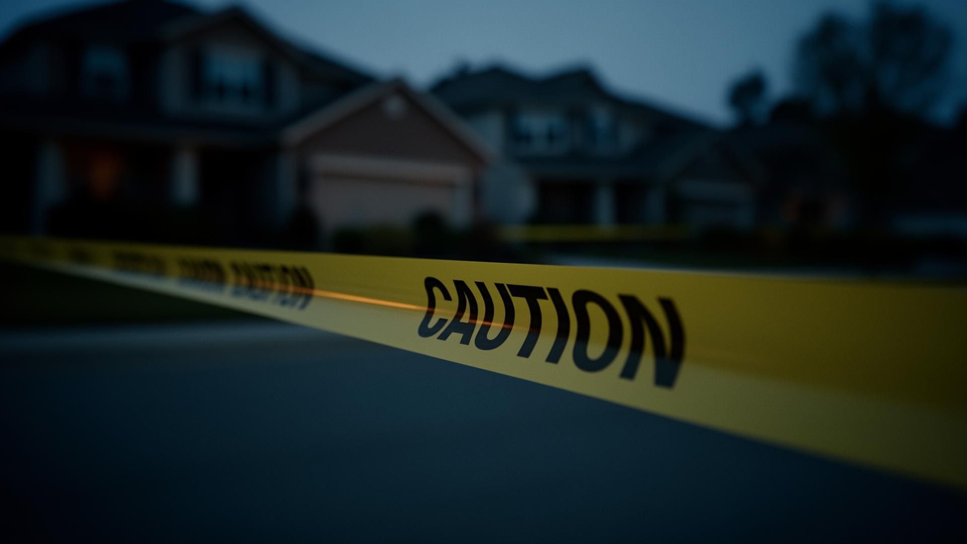 Caution tape in a residential neighborhood